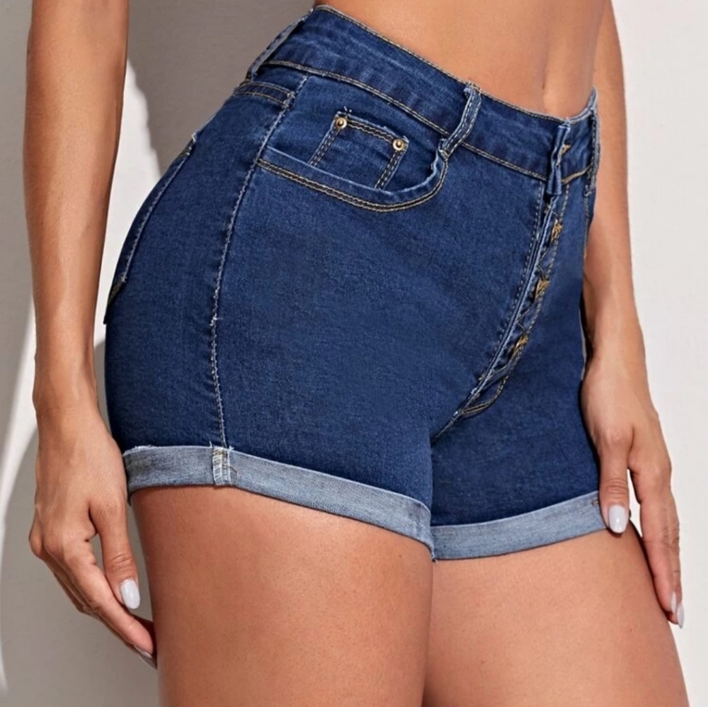 Button front rolled hem shorts